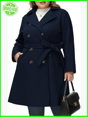Plus Size Wool Pea Coat with Belt, Double Breasted, Slim Fit Winter Outerwear